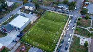 high angle photography of soccer field