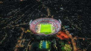 aerial view of a football stadium at night